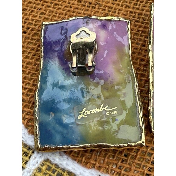 VTG  signed  1988 Amy Lacombe designer blue  green Clip On Earrings - Picture 7 of 8